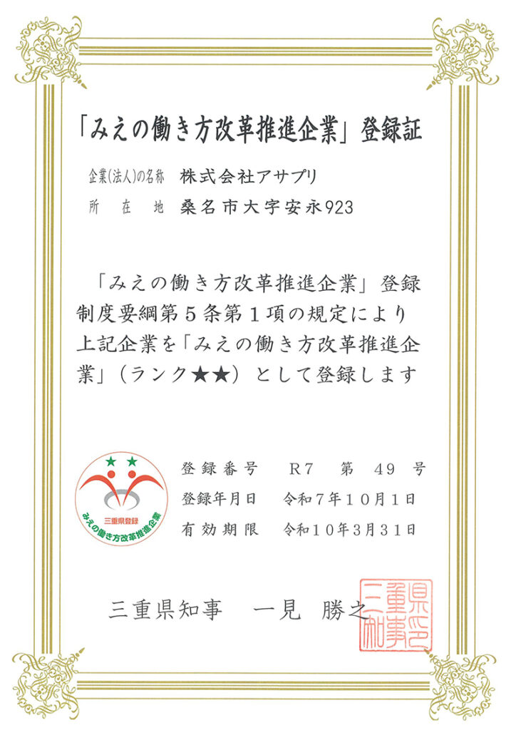 みえの働き方改革推進企業登録証